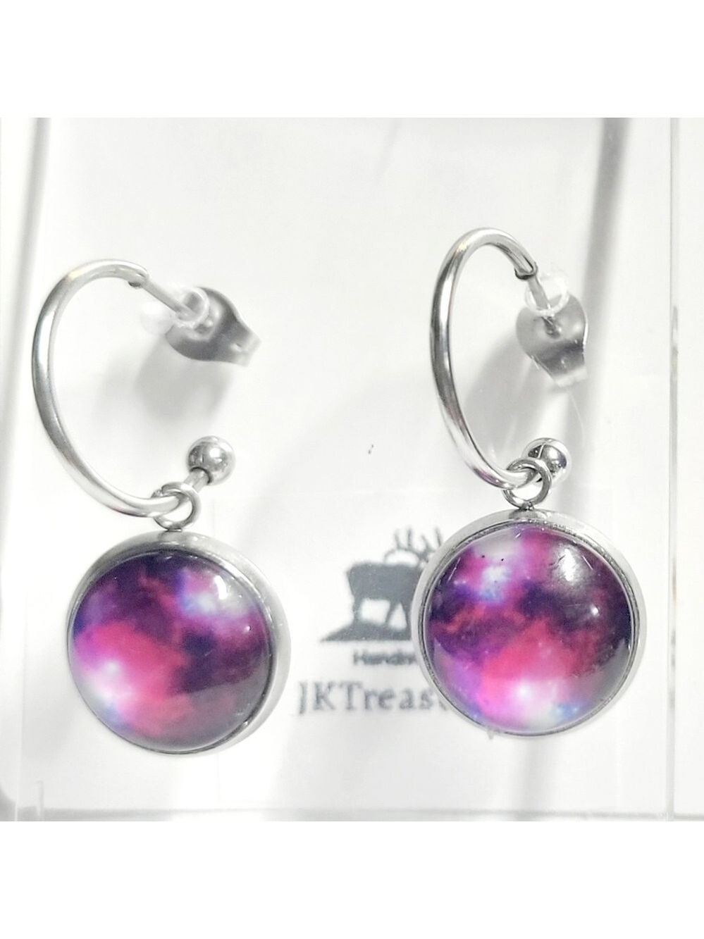 Silver Purple Nebula Galaxy Hoop Earrings